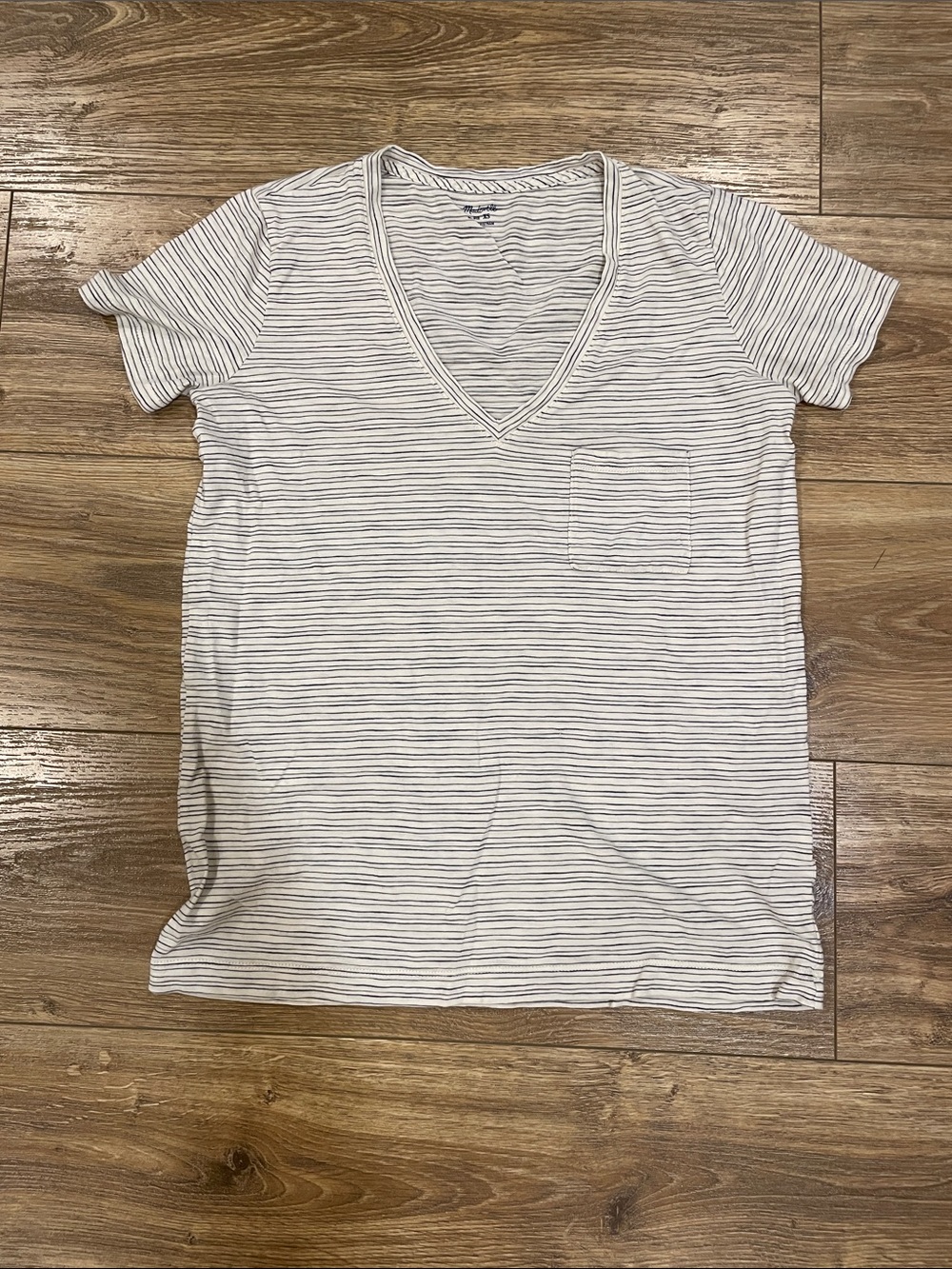 Madewell White V-Neck Short Sleeve Tee with Thin Gray Stripes. Both t shirts